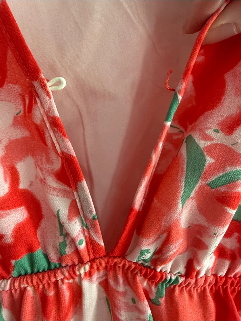 Floral V-Neck Red Maxi Dress w/ Missing Button - Picture 3 of 13